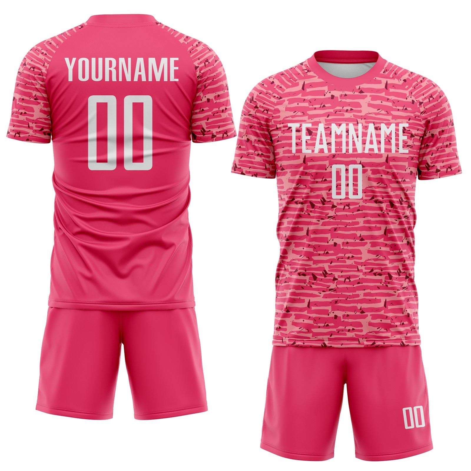 Custom Neon Pink-White Distressed Fragment Brush Stroke Sublimation Soccer Uniform Jersey view 2