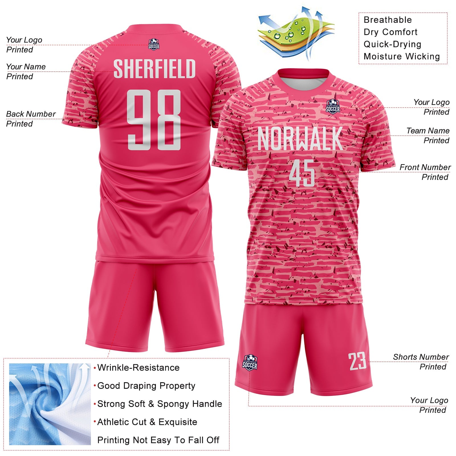 Custom Neon Pink-White Distressed Fragment Brush Stroke Sublimation Soccer Uniform Jersey view 4