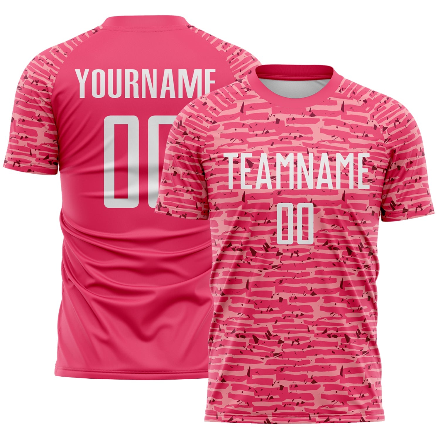 Custom Neon Pink-White Distressed Fragment Brush Stroke Sublimation Soccer Uniform Jersey - Main View