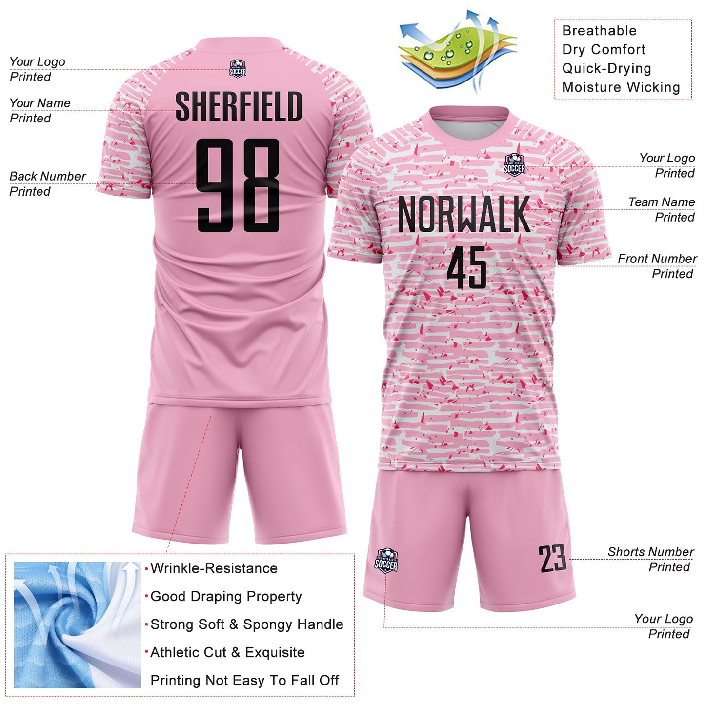 Custom Light Pink-Black Distressed Fragment Brush Stroke Sublimation Soccer Uniform Jersey view 4