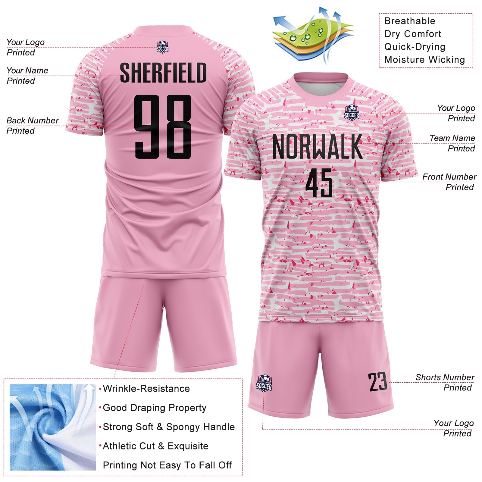Custom Light Pink-Black Distressed Fragment Brush Stroke Sublimation Soccer Uniform Jersey view 4