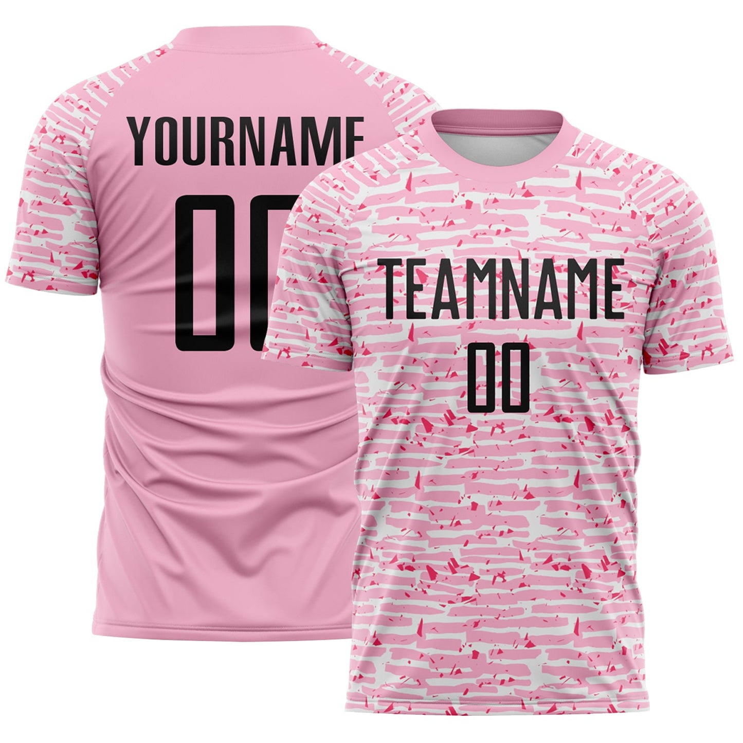 Custom Light Pink-Black Distressed Fragment Brush Stroke Sublimation Soccer Uniform Jersey - Main View