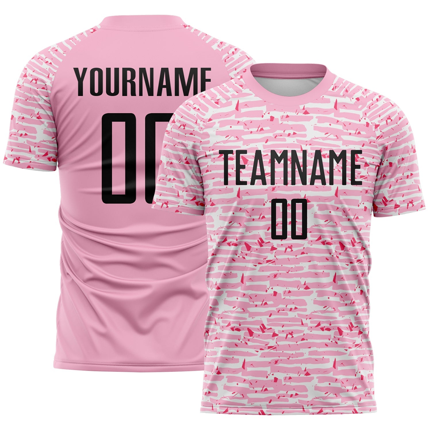 Custom Light Pink-Black Distressed Fragment Brush Stroke Sublimation Soccer Uniform Jersey - Main View