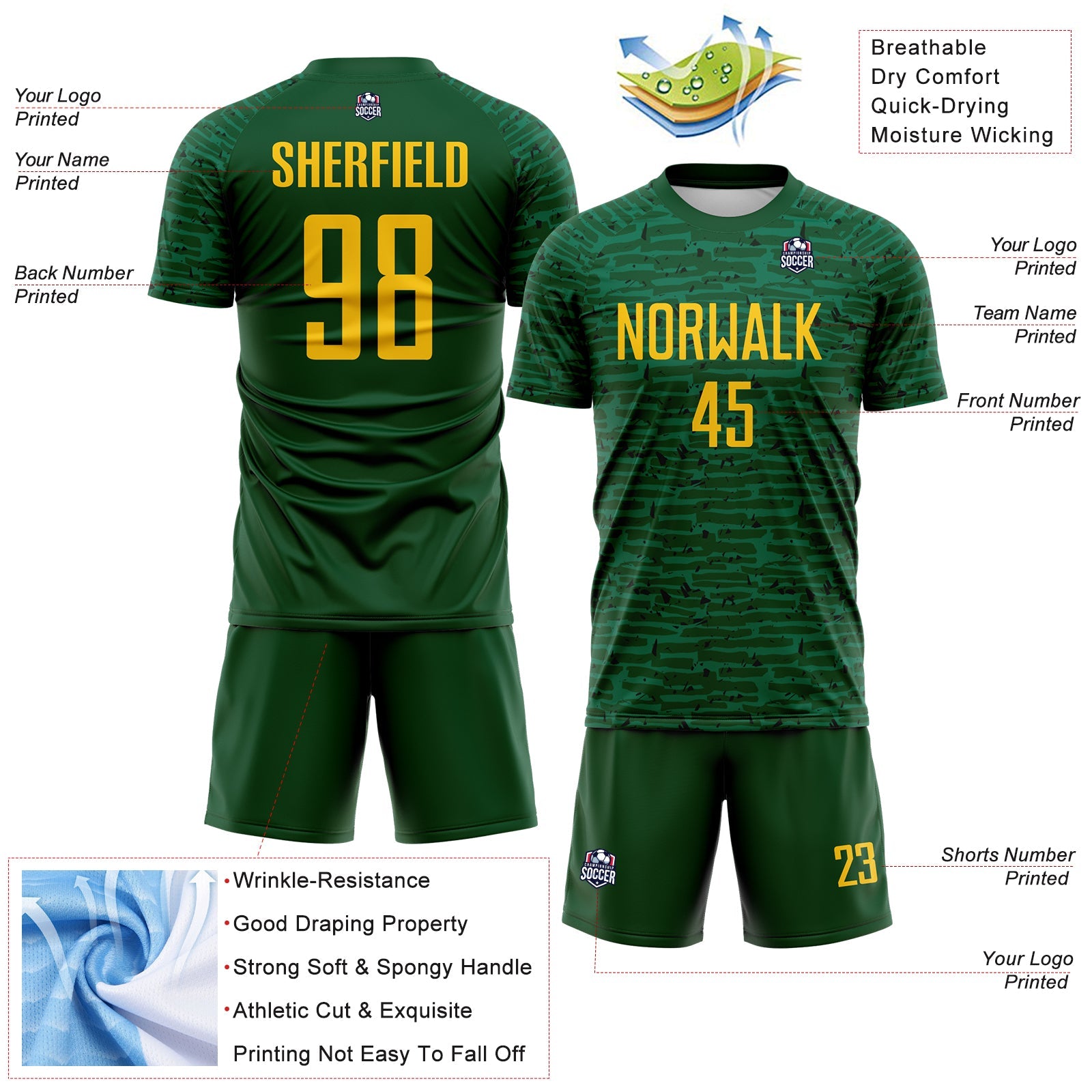 Custom Green-Yellow Distressed Fragment Brush Stroke Sublimation Soccer Uniform Jersey view 4