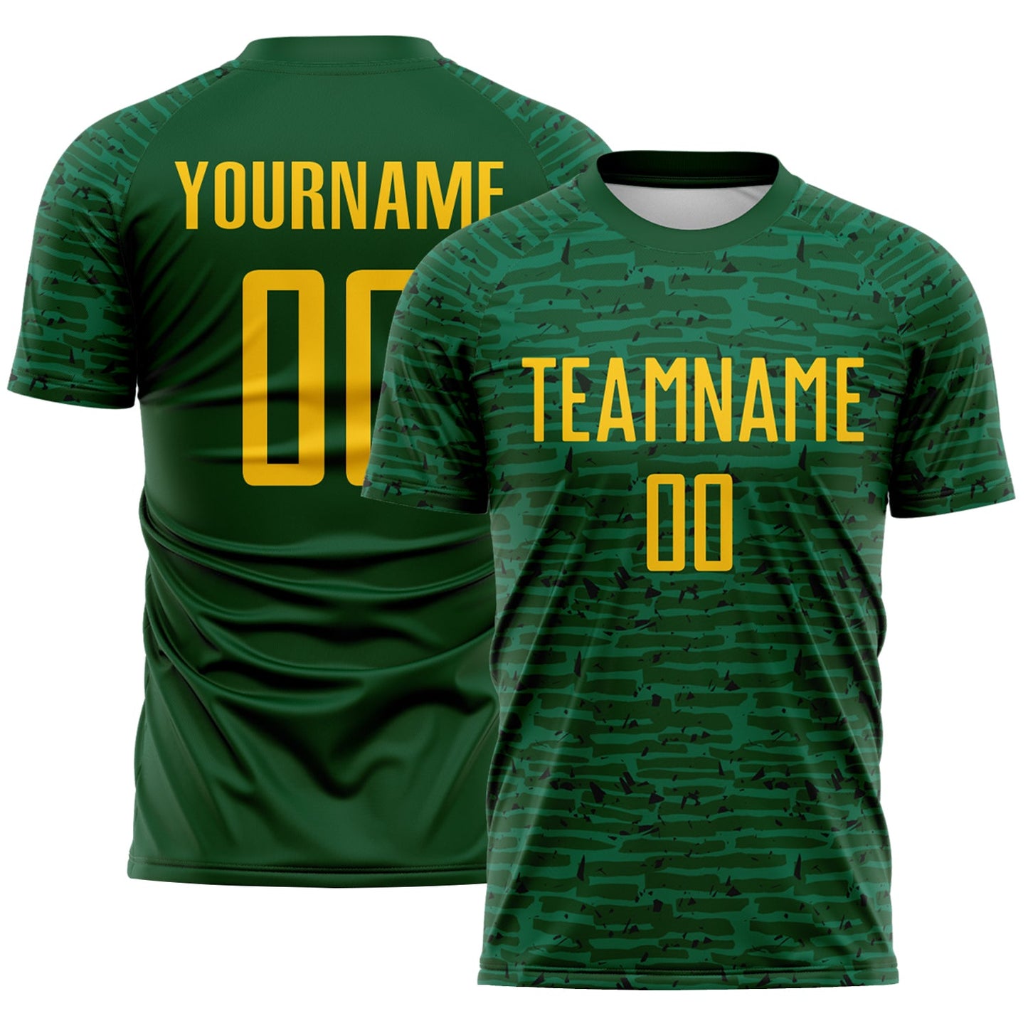Custom Green-Yellow Distressed Fragment Brush Stroke Sublimation Soccer Uniform Jersey - Main View