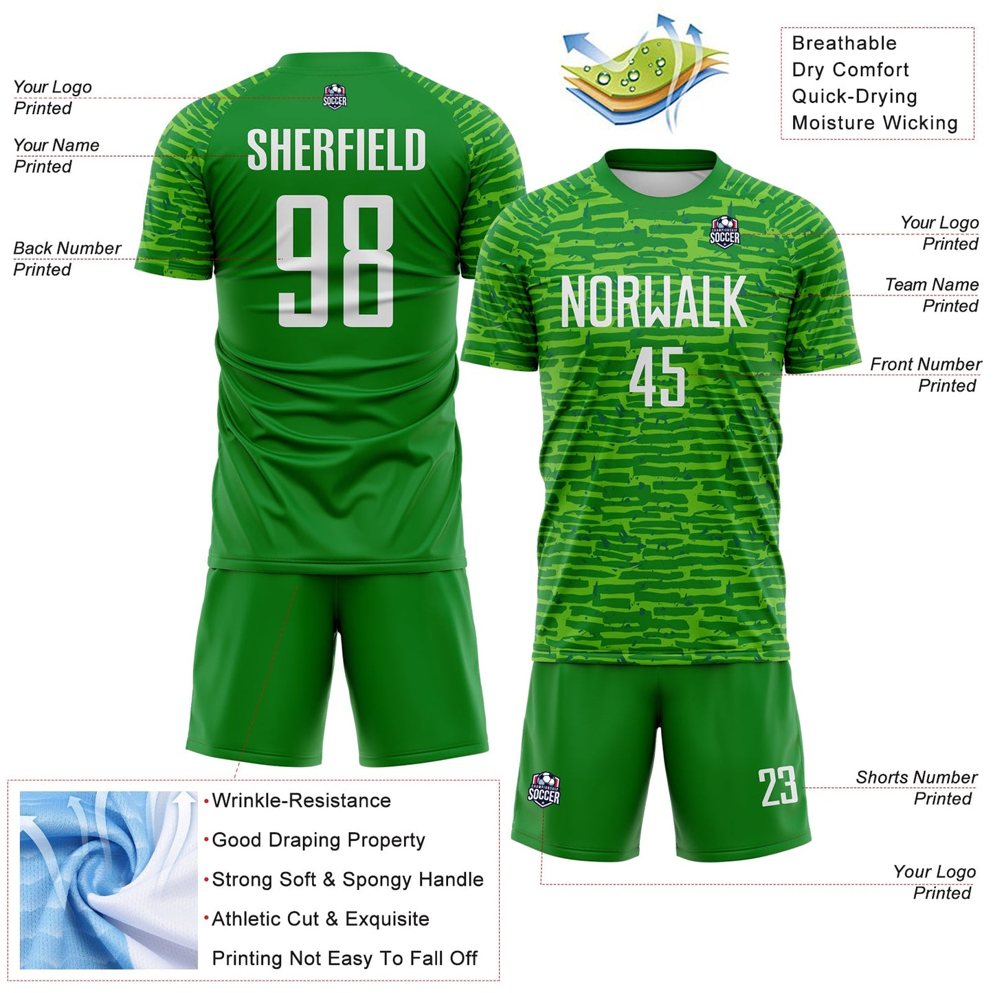 Custom Grass Green-White Distressed Fragment Brush Stroke Sublimation Soccer Uniform Jersey view 4