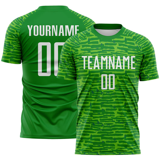 Custom Grass Green-White Distressed Fragment Brush Stroke Sublimation Soccer Uniform Jersey - Main View
