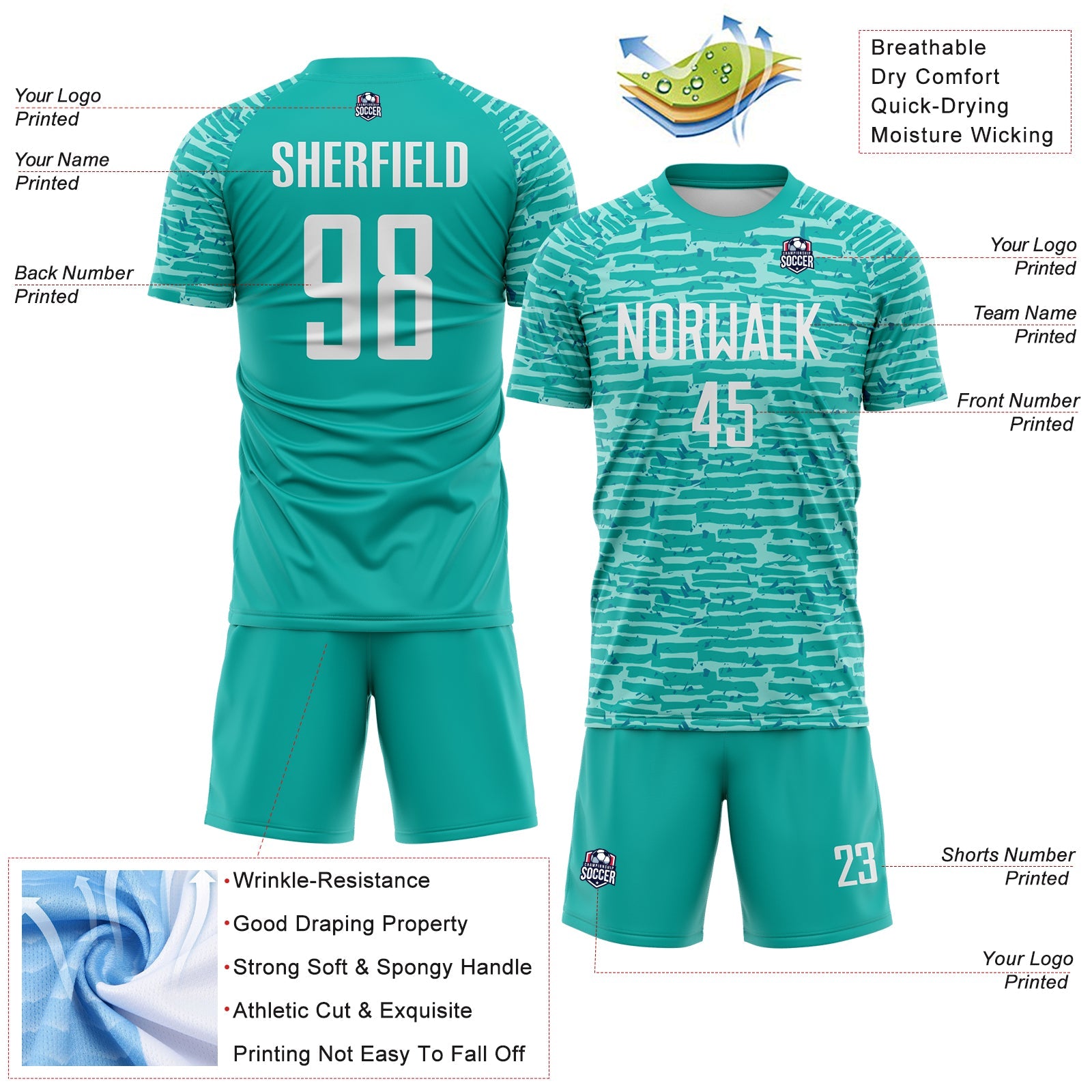 Custom Aqua-White Distressed Fragment Brush Stroke Sublimation Soccer Uniform Jersey view 4