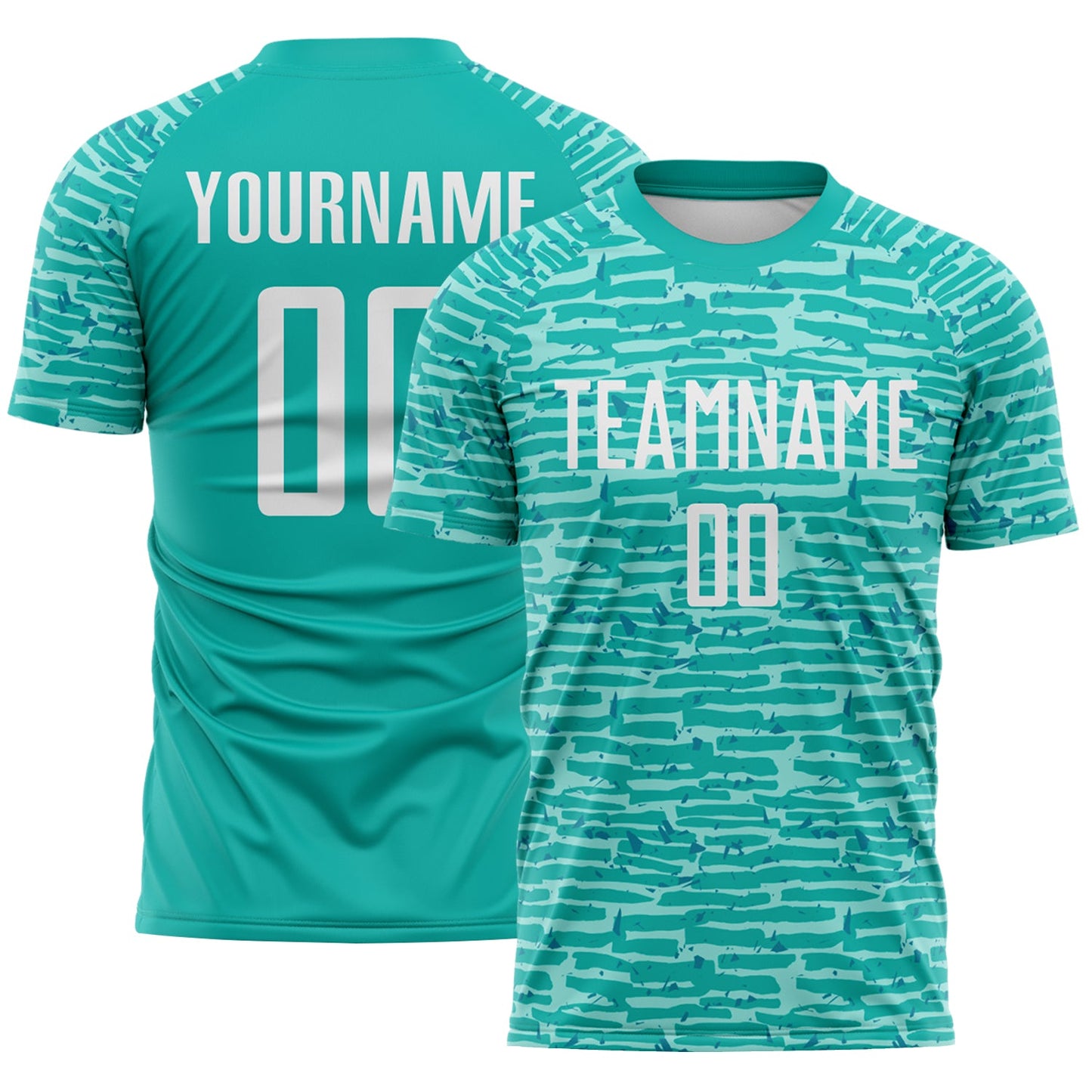 Custom Aqua-White Distressed Fragment Brush Stroke Sublimation Soccer Uniform Jersey - Main View