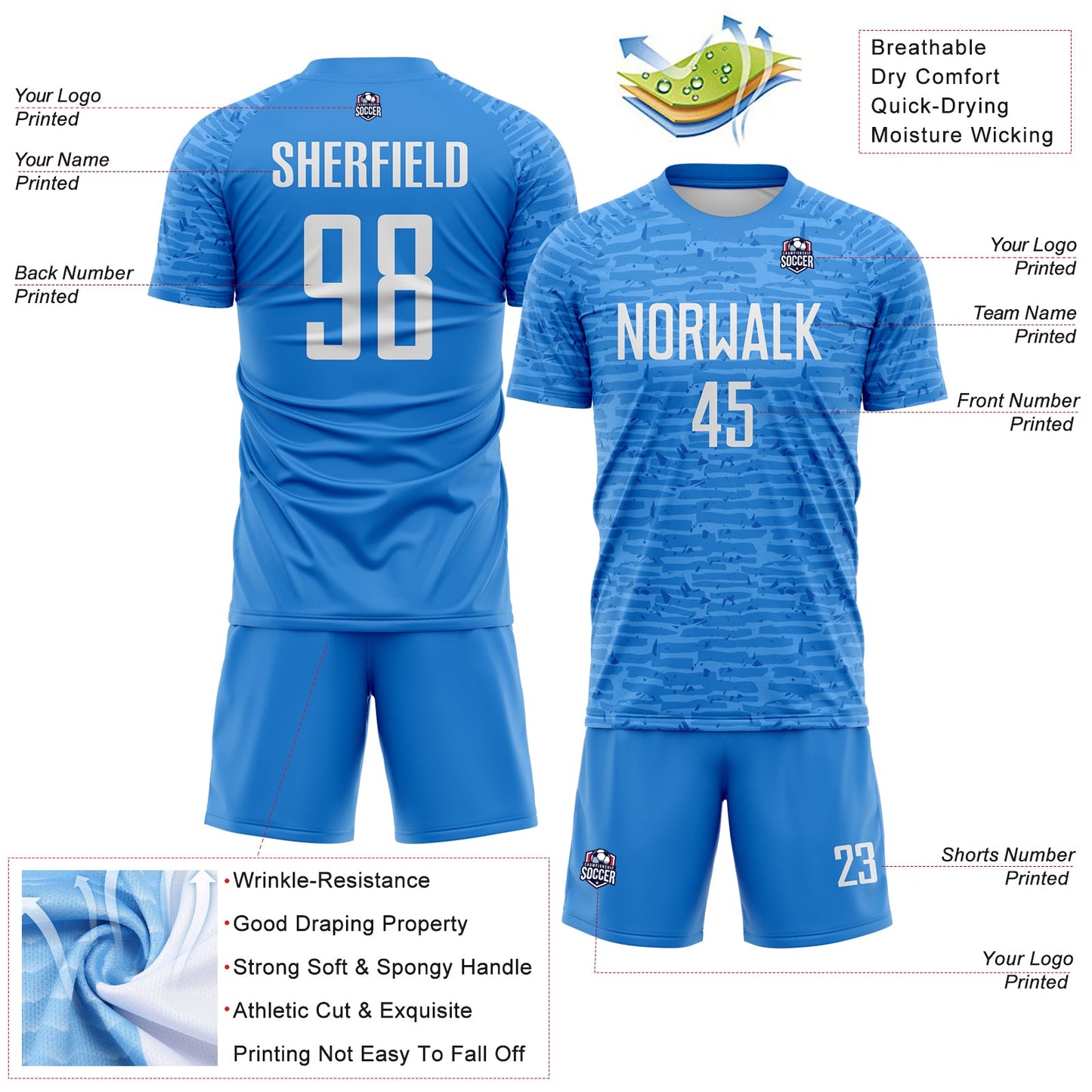 Custom Powder Blue-White Distressed Fragment Brush Stroke Sublimation Soccer Uniform Jersey view 4