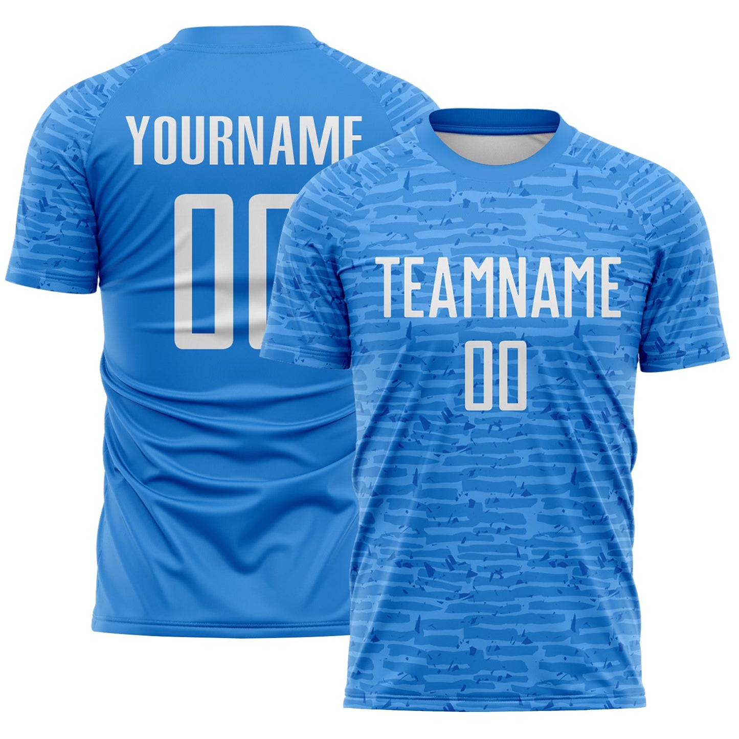 Custom Powder Blue-White Distressed Fragment Brush Stroke Sublimation Soccer Uniform Jersey - Main View