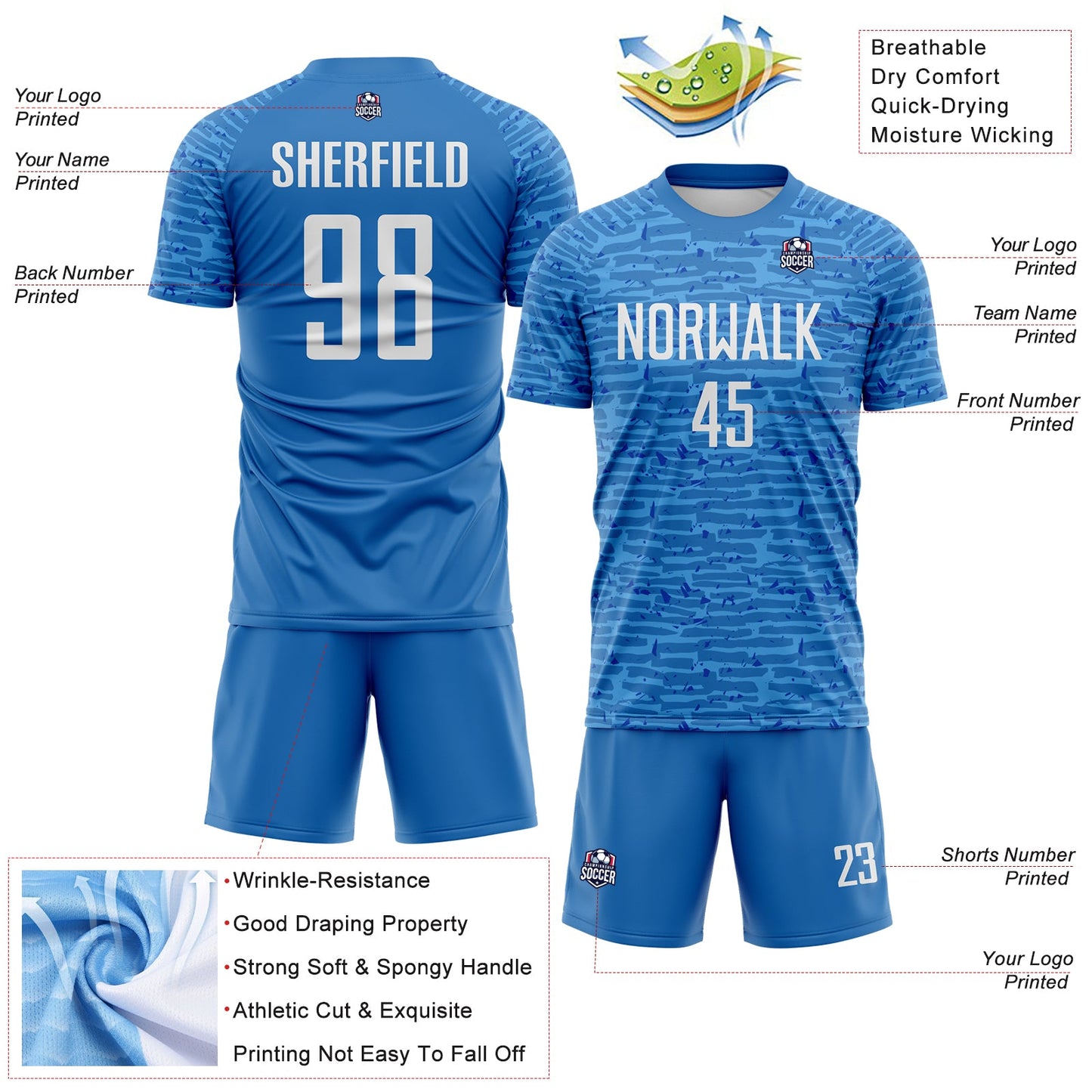 Custom Blue-White Distressed Fragment Brush Stroke Sublimation Soccer Uniform Jersey view 4