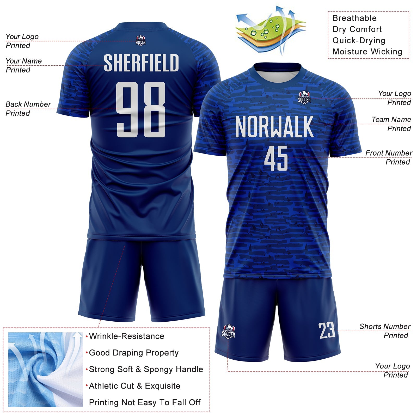 Custom US Navy Blue-White Distressed Fragment Brush Stroke Sublimation Soccer Uniform Jersey view 4