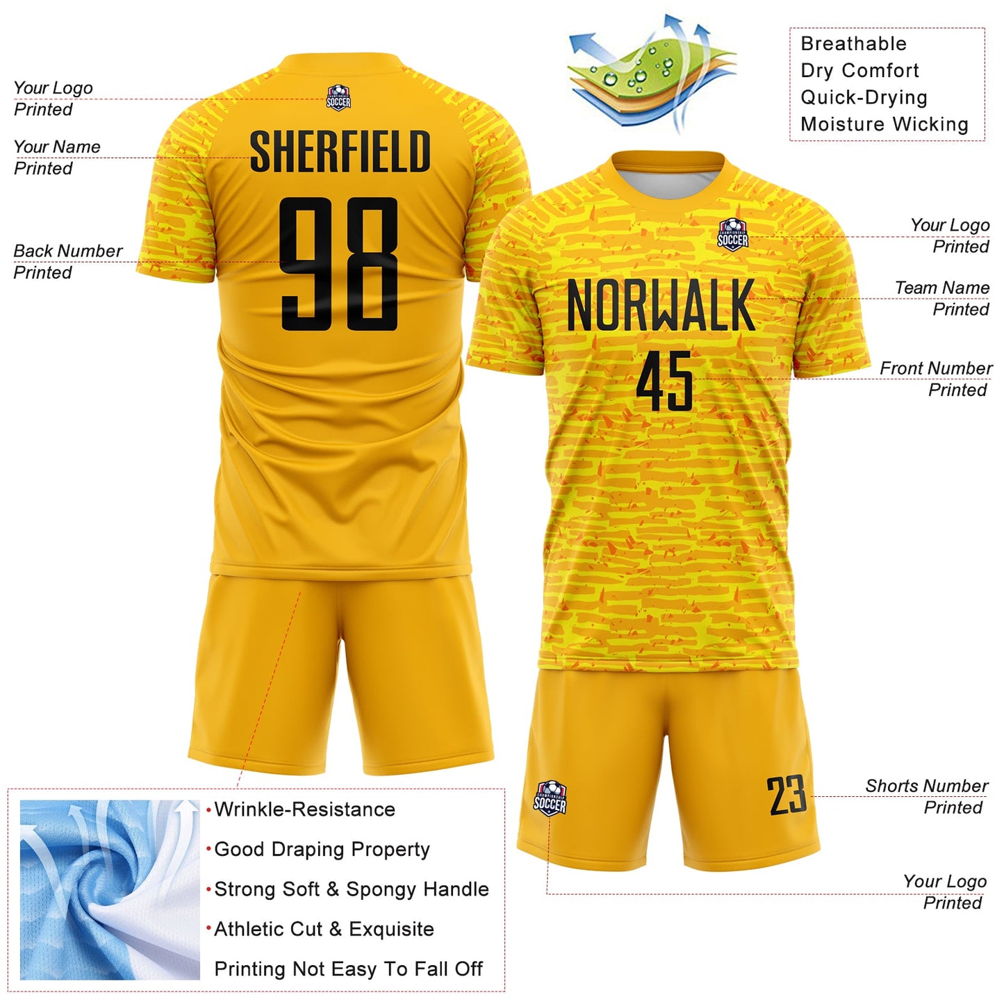 Custom Gold-Black Distressed Fragment Brush Stroke Sublimation Soccer Uniform Jersey view 4