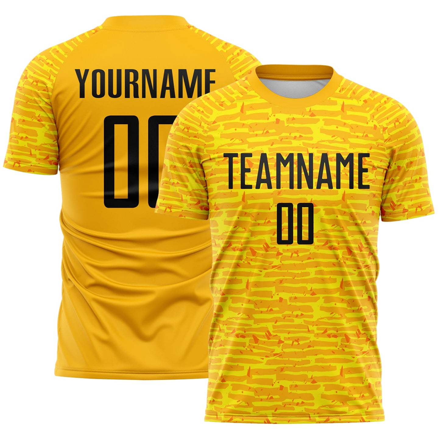 Custom Gold-Black Distressed Fragment Brush Stroke Sublimation Soccer Uniform Jersey - Main View