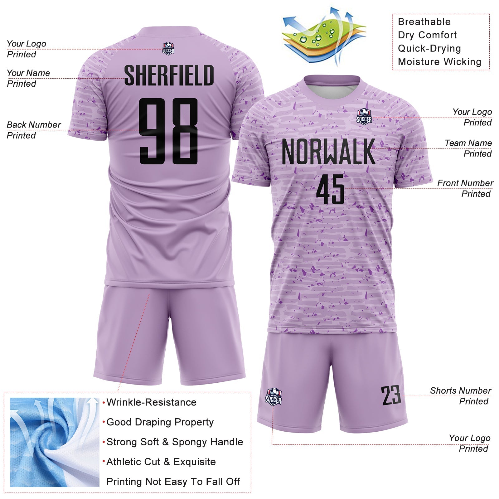Custom Light Purple-Black Distressed Fragment Brush Stroke Sublimation Soccer Uniform Jersey view 4