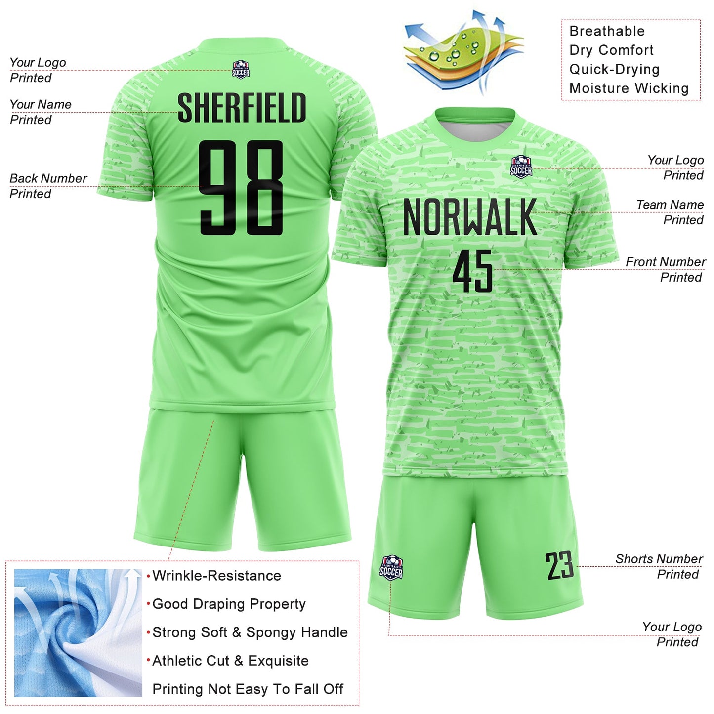 Custom Pea Green-Black Distressed Fragment Brush Stroke Sublimation Soccer Uniform Jersey view 4