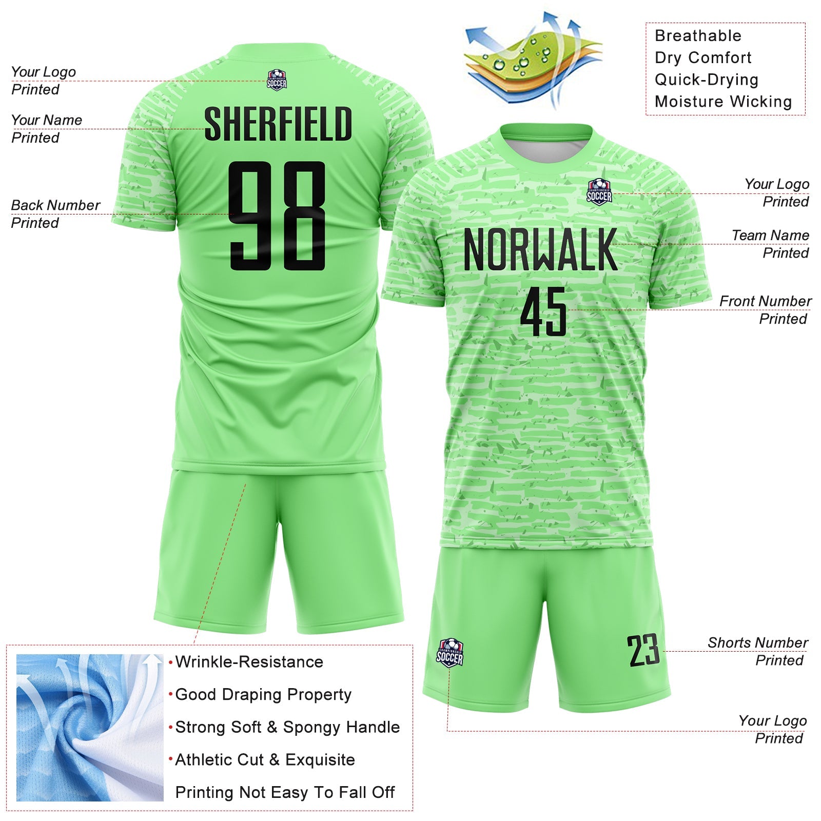 Custom Pea Green-Black Distressed Fragment Brush Stroke Sublimation Soccer Uniform Jersey view 4
