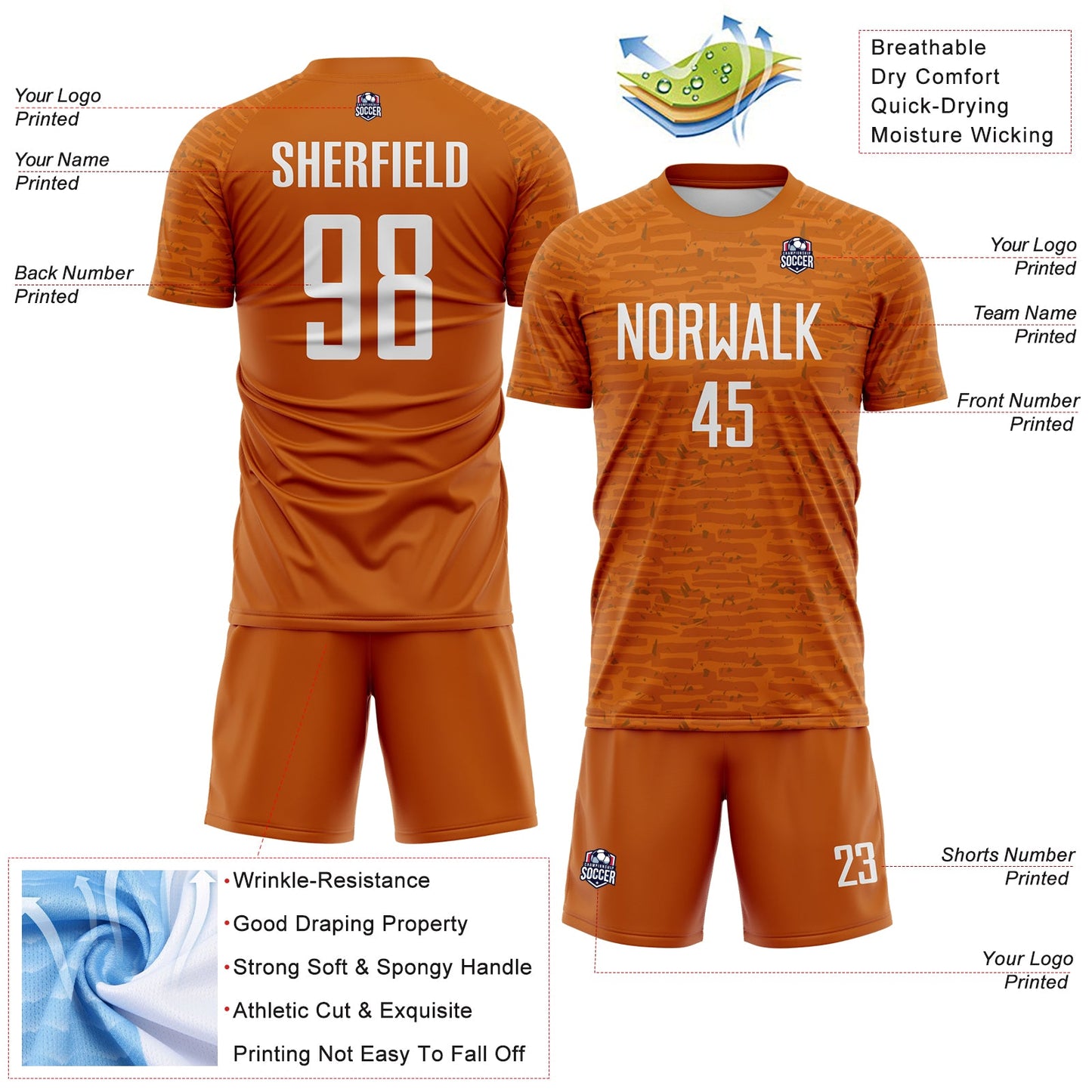 Custom Texas Orange-White Distressed Fragment Brush Stroke Sublimation Soccer Uniform Jersey view 4