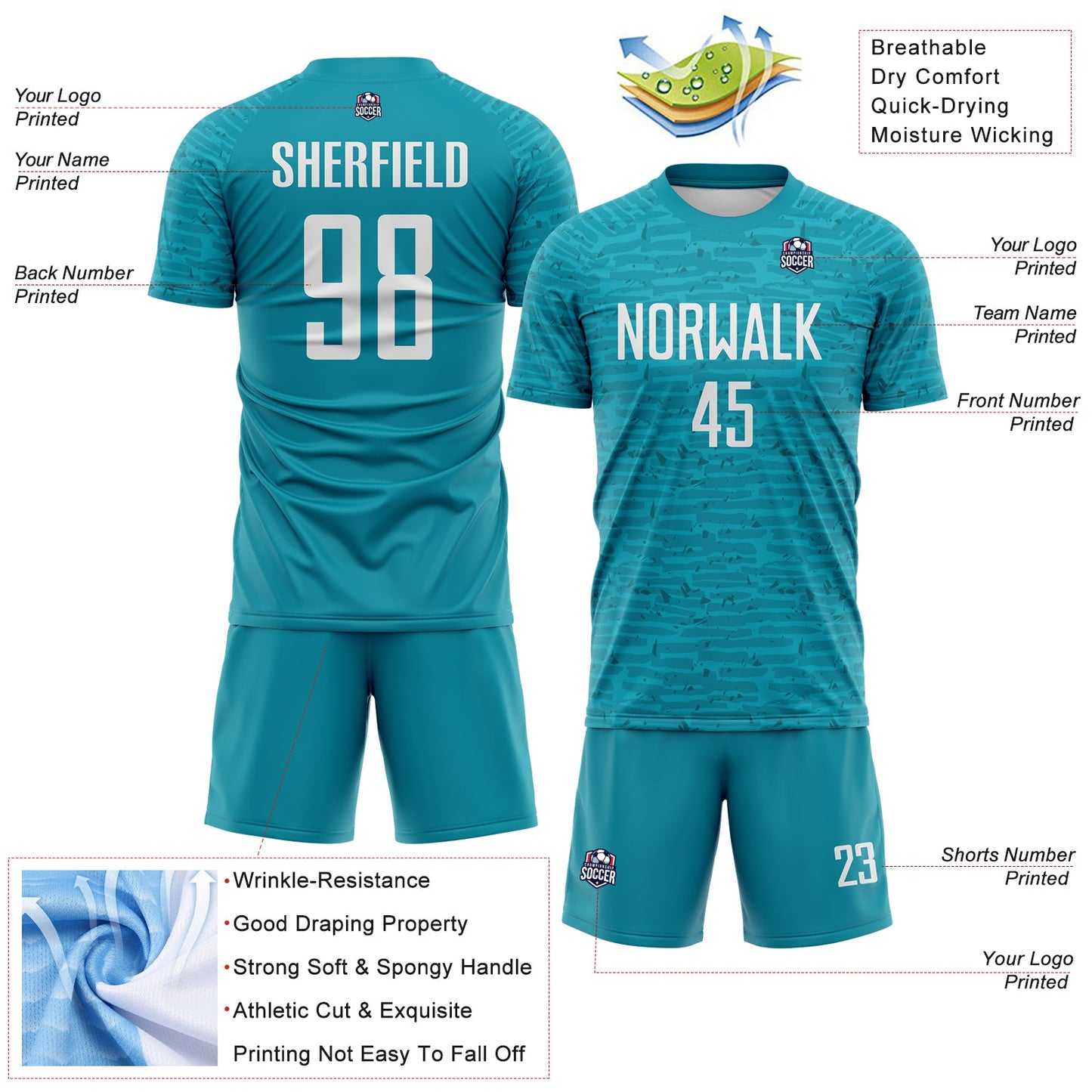 Custom Teal-White Distressed Fragment Brush Stroke Sublimation Soccer Uniform Jersey view 4