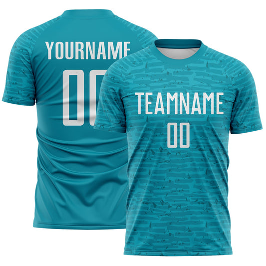 Custom Teal-White Distressed Fragment Brush Stroke Sublimation Soccer Uniform Jersey - Main View