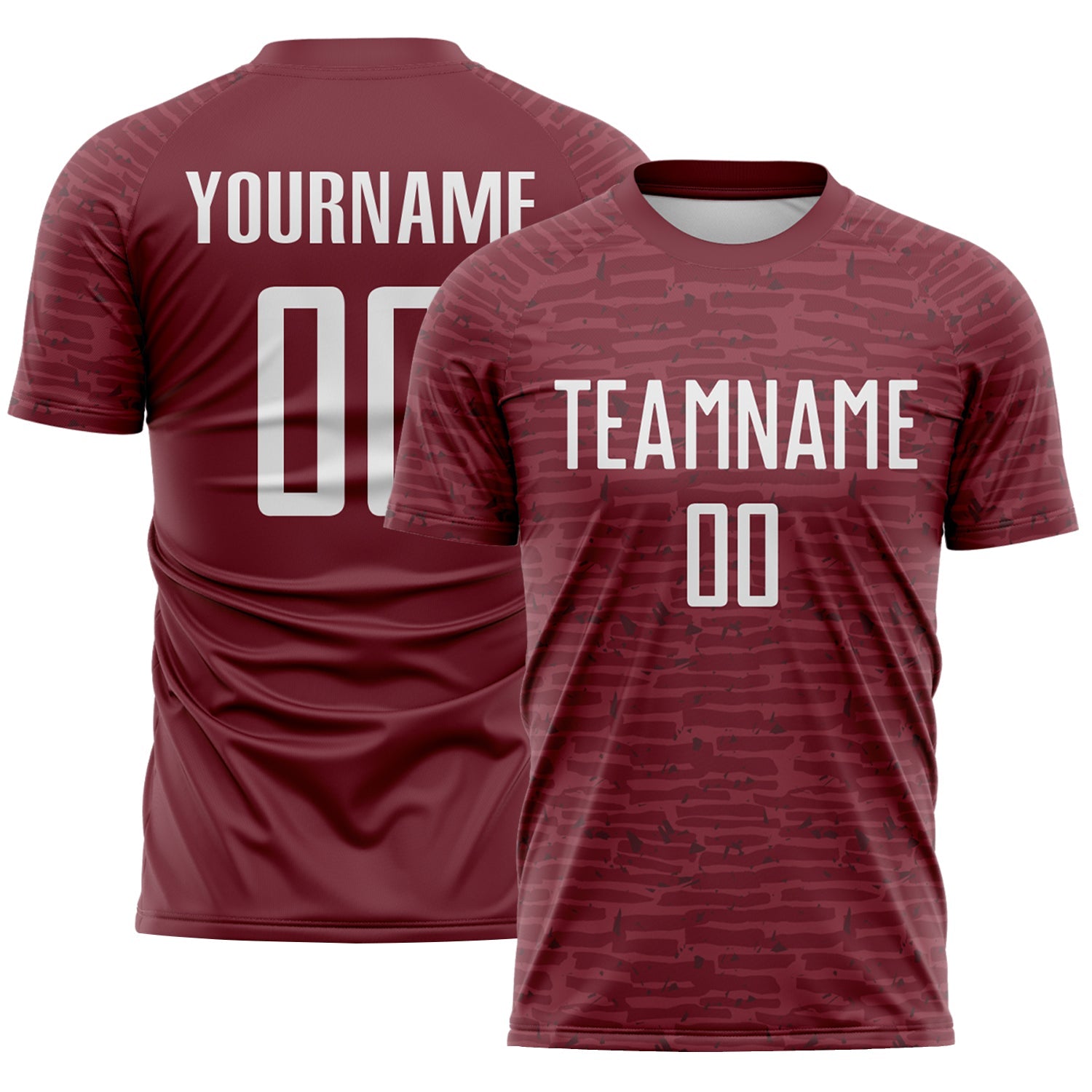 Custom Burgundy-White Distressed Fragment Brush Stroke Sublimation Soccer Uniform Jersey - Main View