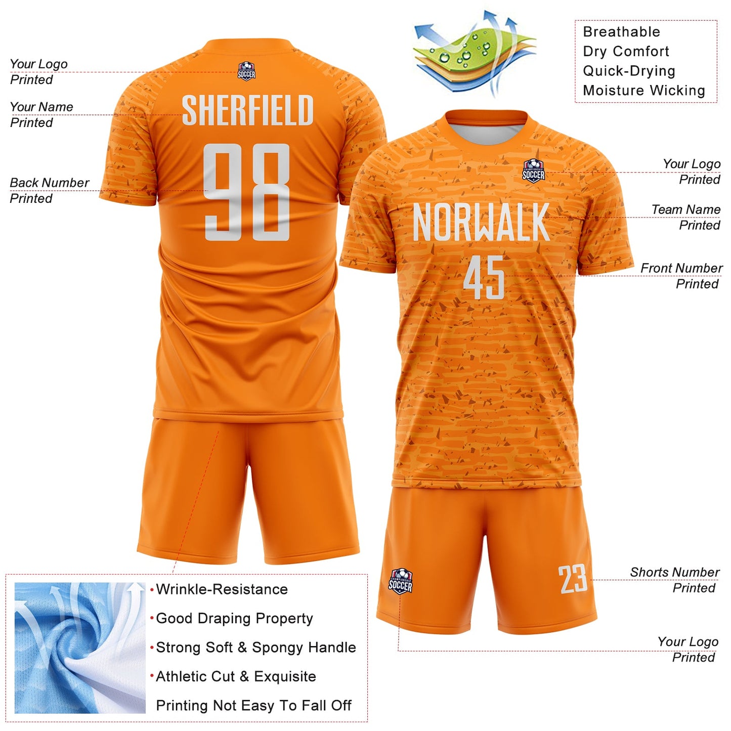 Custom Bay Orange-White Distressed Fragment Brush Stroke Sublimation Soccer Uniform Jersey view 4