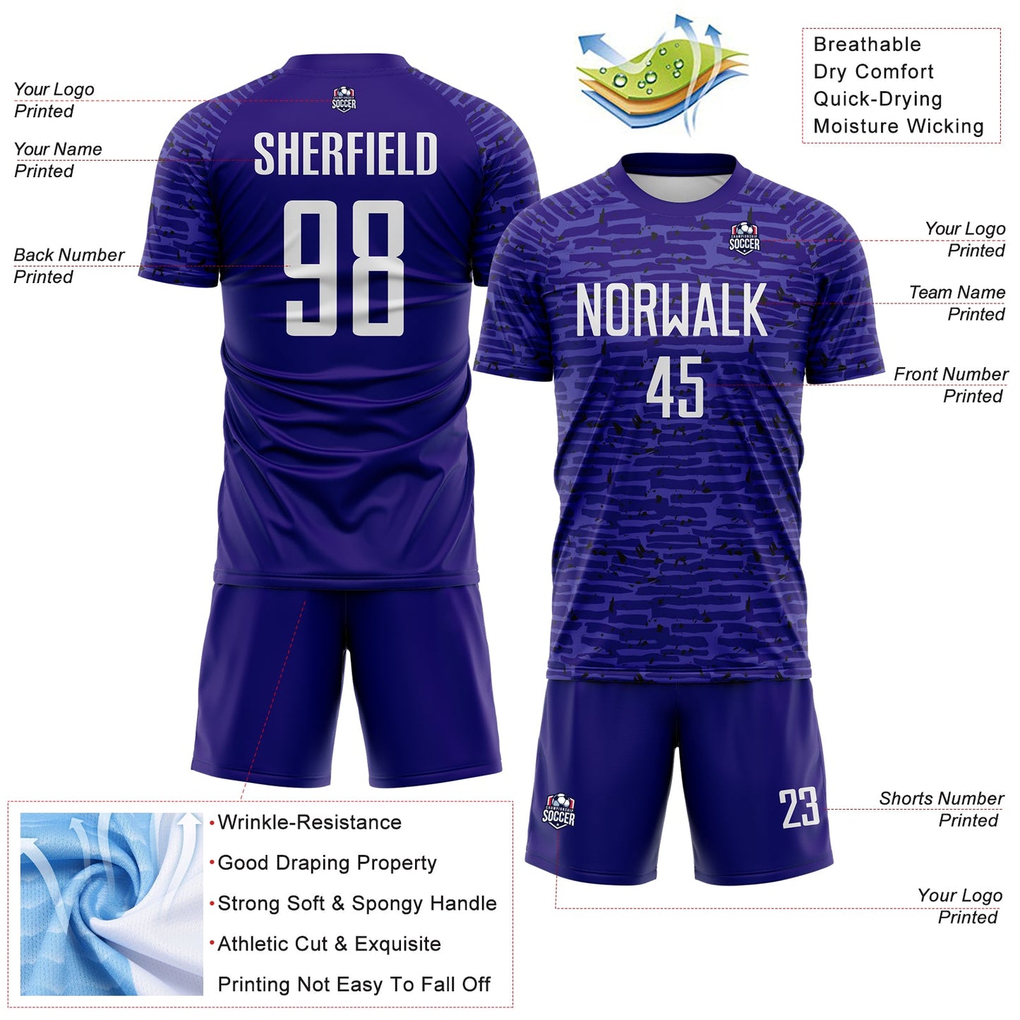 Custom Dark Purple-White Distressed Fragment Brush Stroke Sublimation Soccer Uniform Jersey view 4