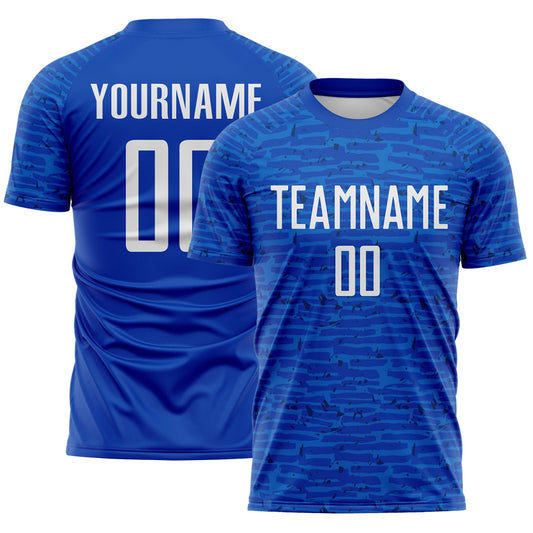 Custom Thunder Blue-White Distressed Fragment Brush Stroke Sublimation Soccer Uniform Jersey - Main View