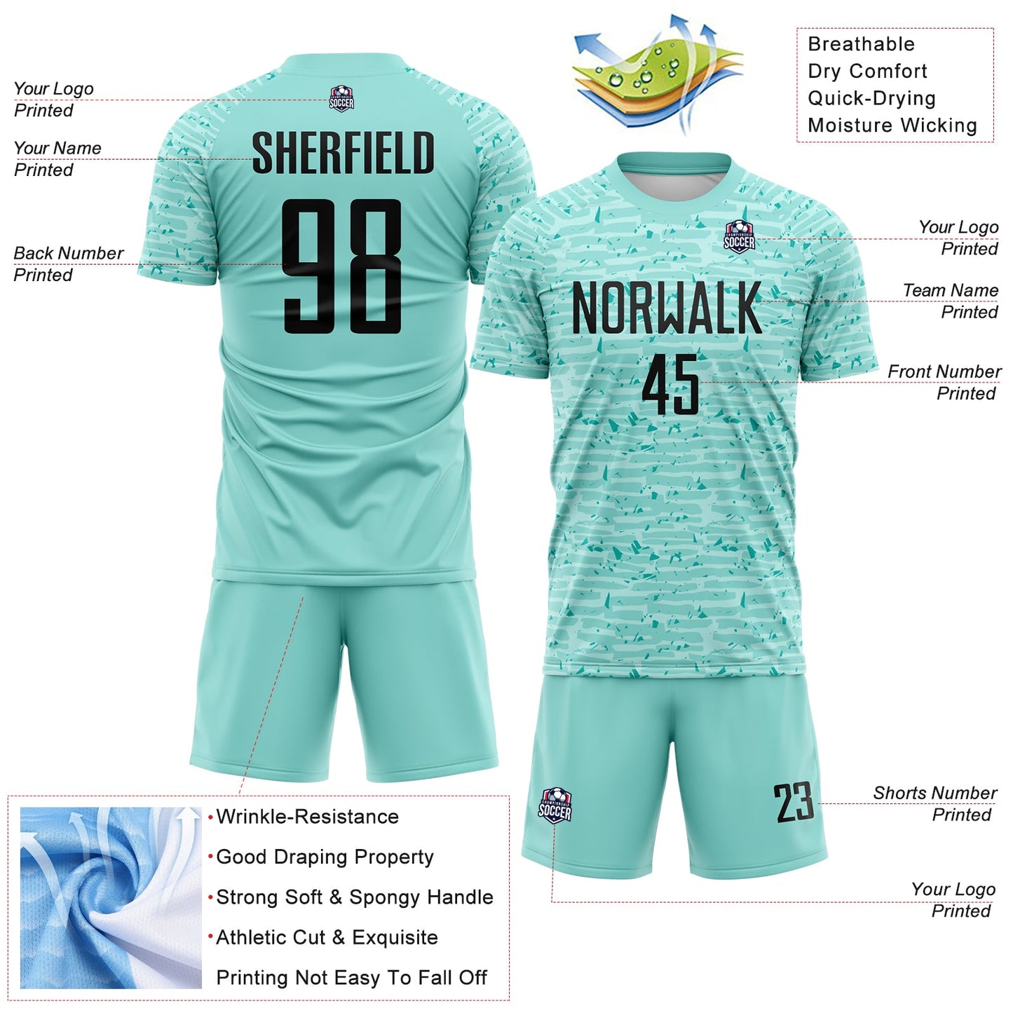 Custom Ice Blue-Black Distressed Fragment Brush Stroke Sublimation Soccer Uniform Jersey view 4