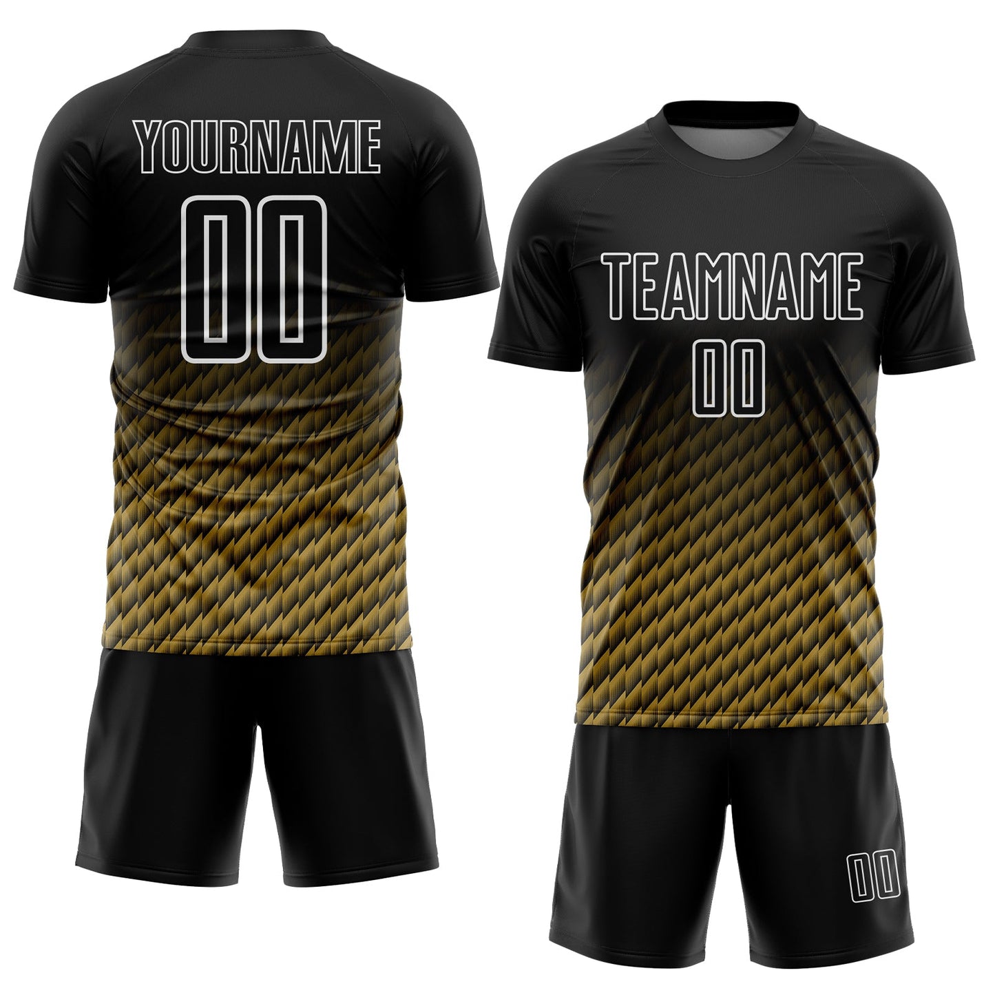 Custom Black Old Gold-White Geometric Wave Gradient Sublimation Soccer Uniform Jersey view 2