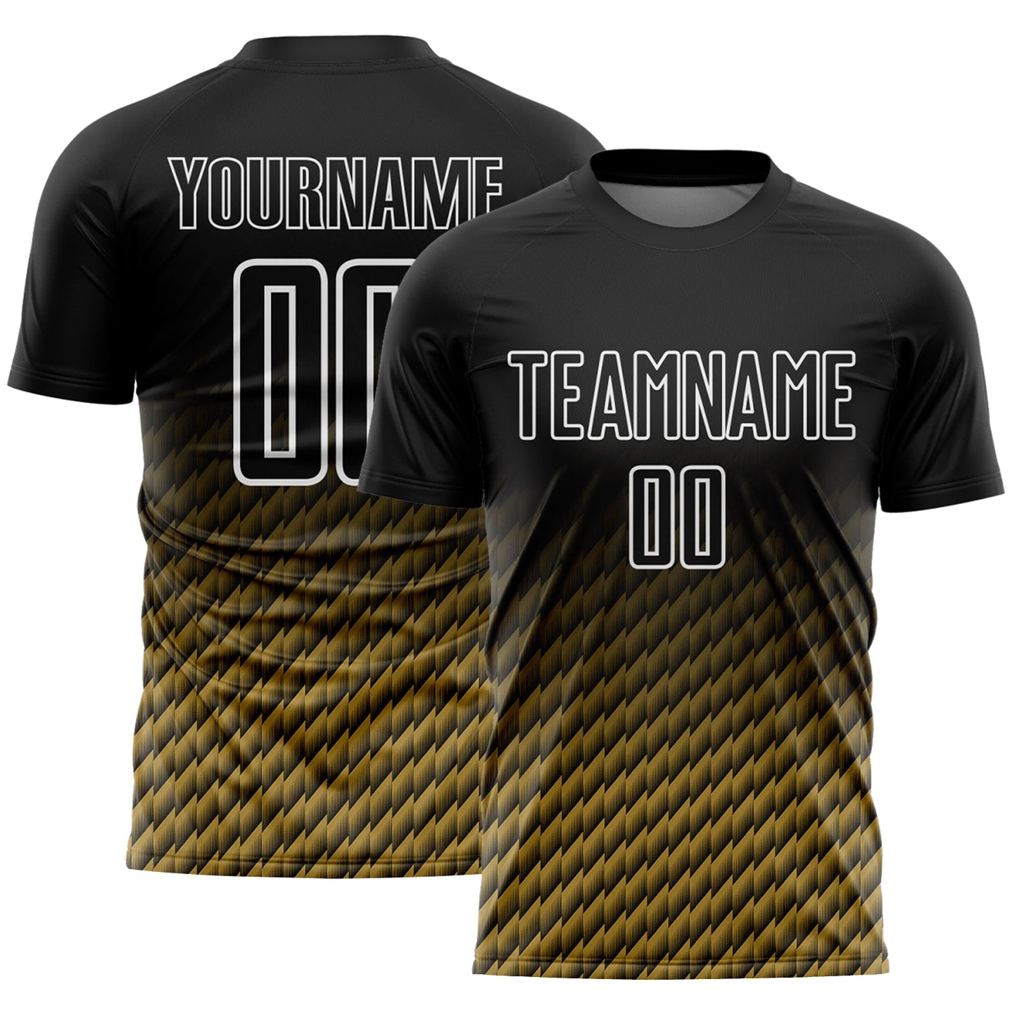 Custom Black Old Gold-White Geometric Wave Gradient Sublimation Soccer Uniform Jersey - Main View
