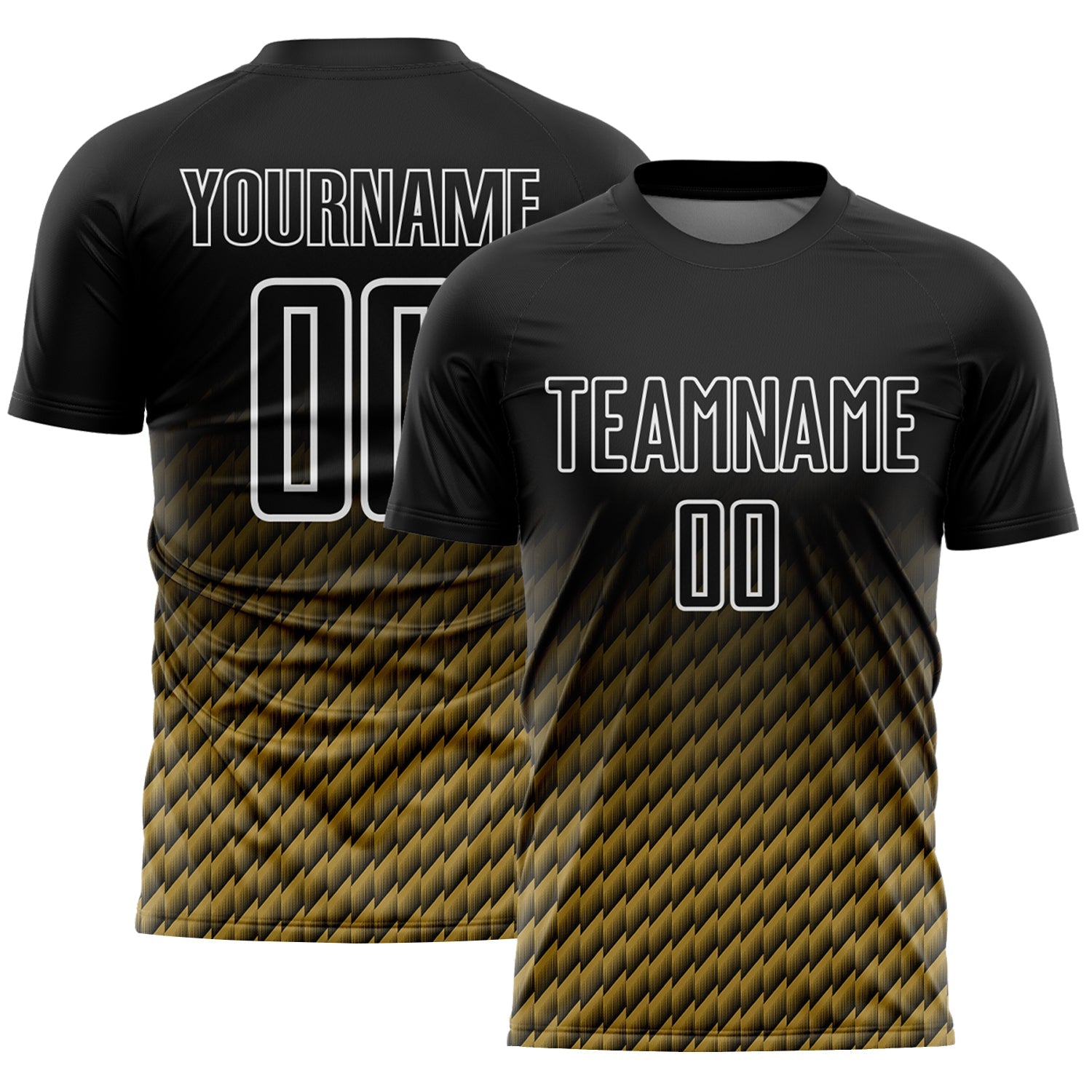 Custom Black Old Gold-White Geometric Wave Gradient Sublimation Soccer Uniform Jersey - Main View