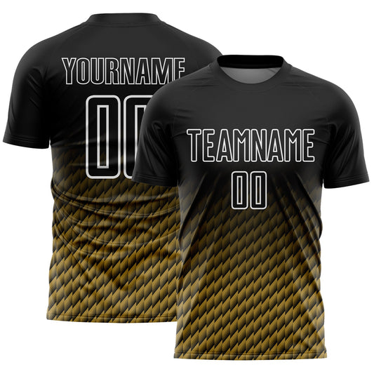Custom Black Old Gold-White Geometric Wave Gradient Sublimation Soccer Uniform Jersey - Main View