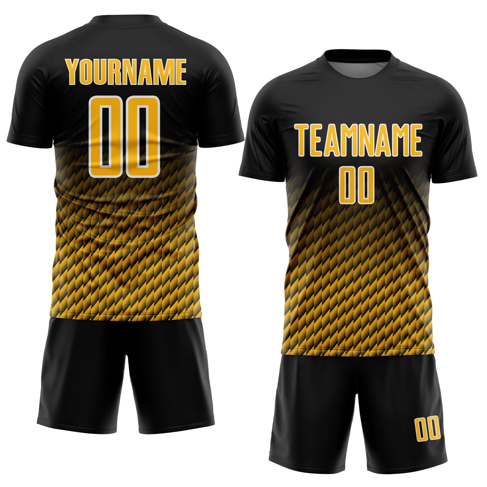 Custom Black Gold-White Geometric Wave Gradient Sublimation Soccer Uniform Jersey view 2