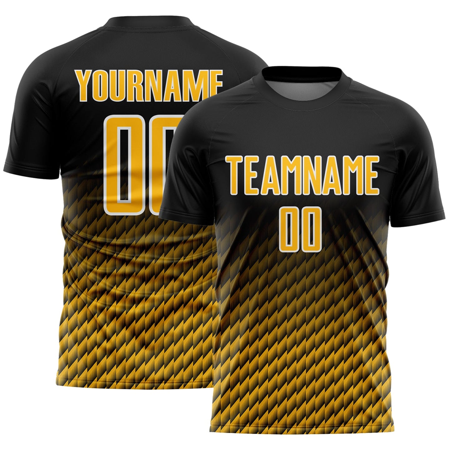 Custom Black Gold-White Geometric Wave Gradient Sublimation Soccer Uniform Jersey - Main View
