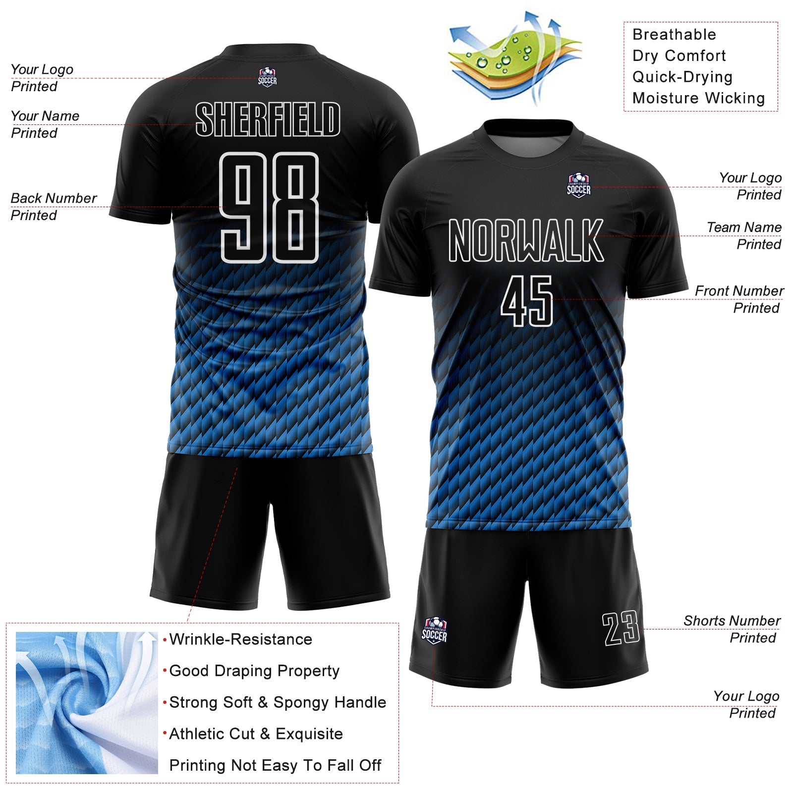 Custom Black Powder Blue-White Geometric Wave Gradient Sublimation Soccer Uniform Jersey view 4