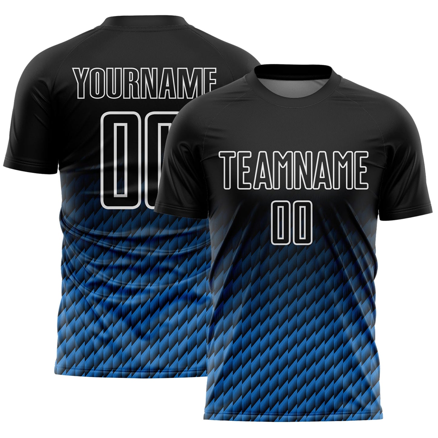 Custom Black Powder Blue-White Geometric Wave Gradient Sublimation Soccer Uniform Jersey - Main View
