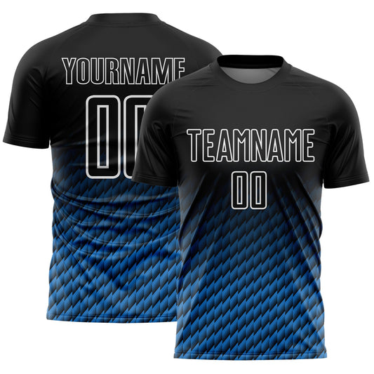Custom Black Powder Blue-White Geometric Wave Gradient Sublimation Soccer Uniform Jersey - Main View