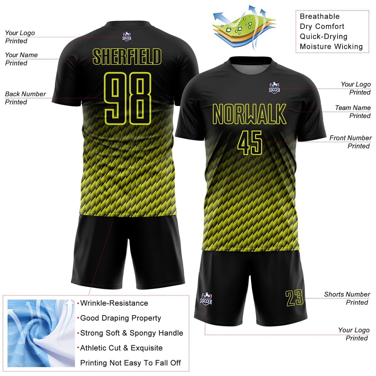 Custom Black-Neon Yellow Geometric Wave Gradient Sublimation Soccer Uniform Jersey view 4