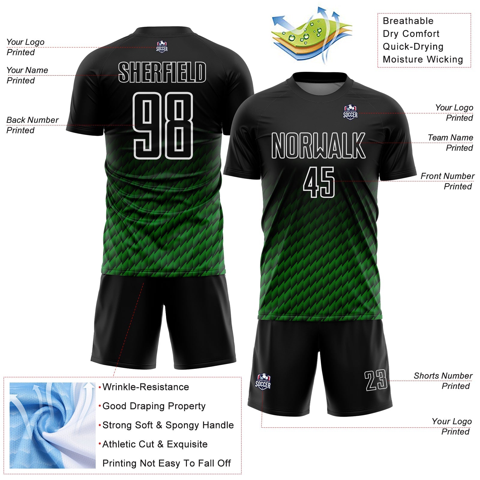 Custom Black Grass Green-White Geometric Wave Gradient Sublimation Soccer Uniform Jersey view 4