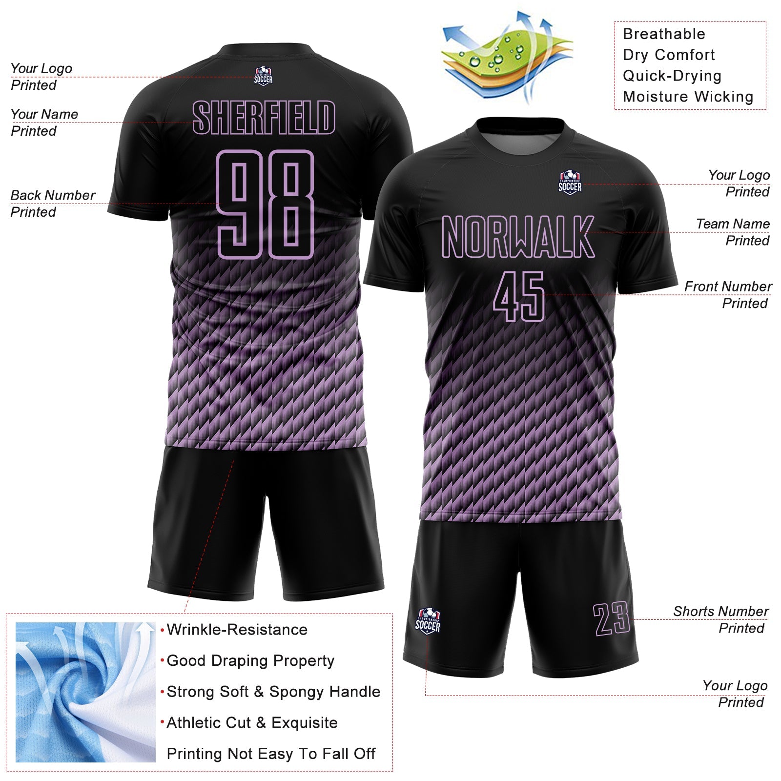 Custom Black-Light Purple Geometric Wave Gradient Sublimation Soccer Uniform Jersey view 4