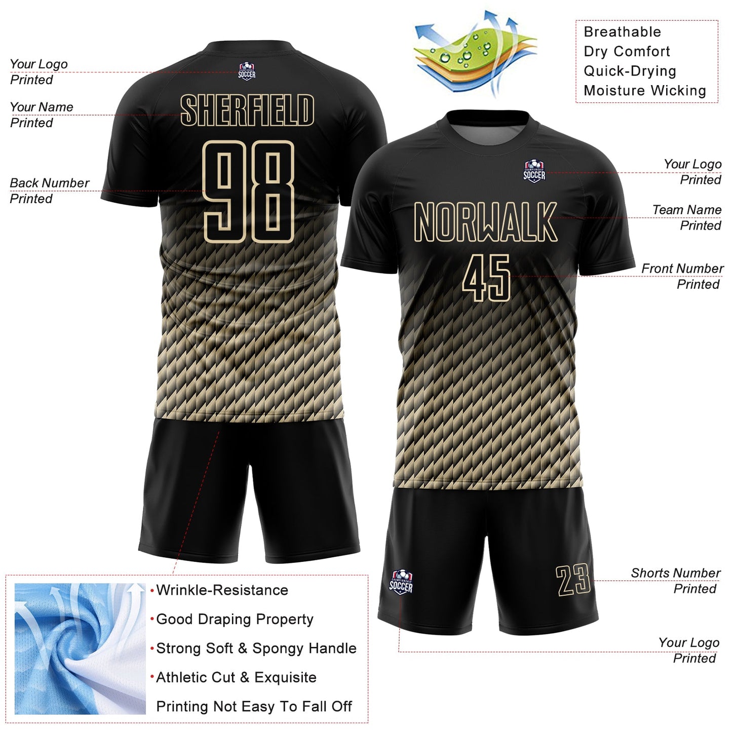 Custom Black-Cream Geometric Wave Gradient Sublimation Soccer Uniform Jersey view 4