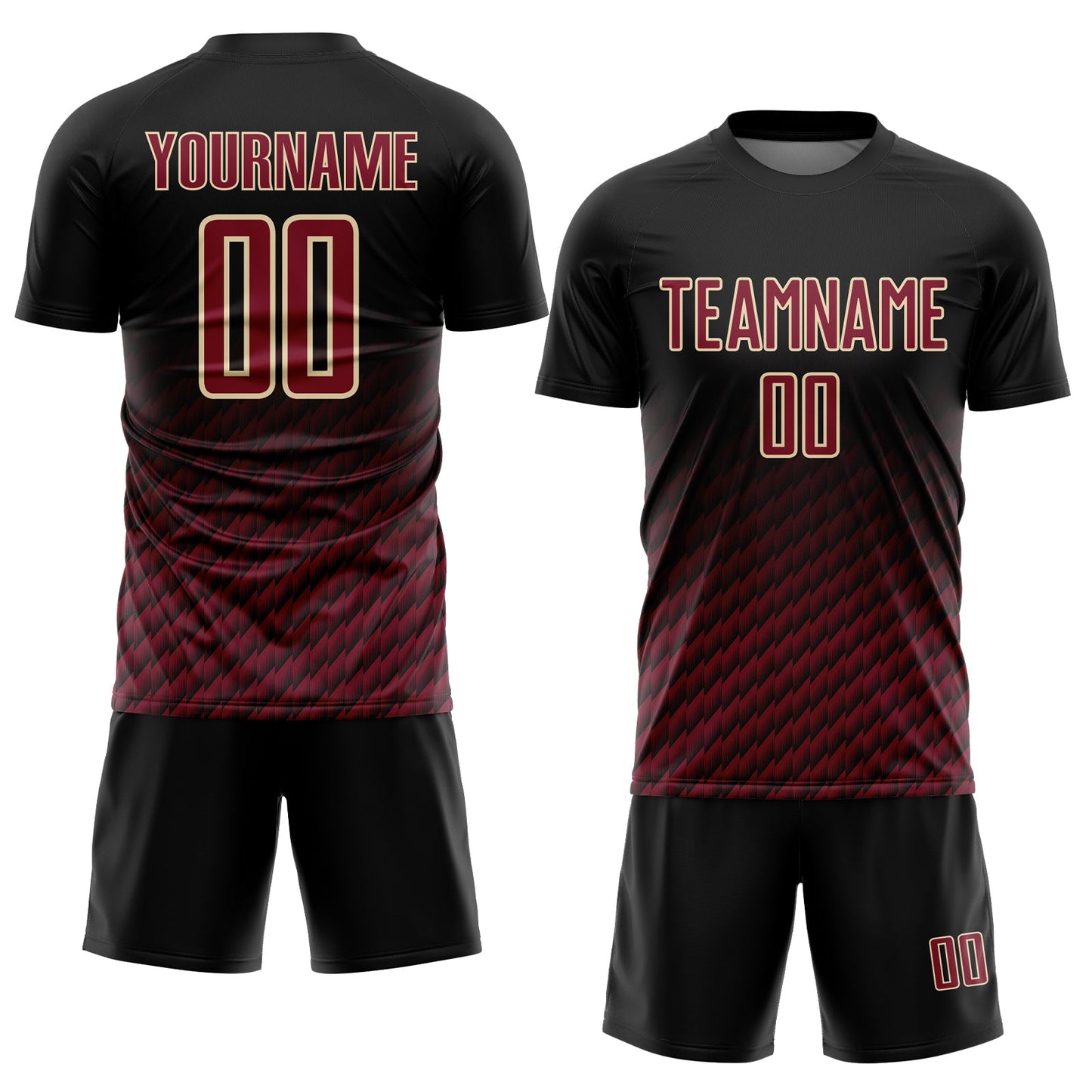 Custom Black Crimson-Cream Geometric Wave Gradient Sublimation Soccer Uniform Jersey view 2