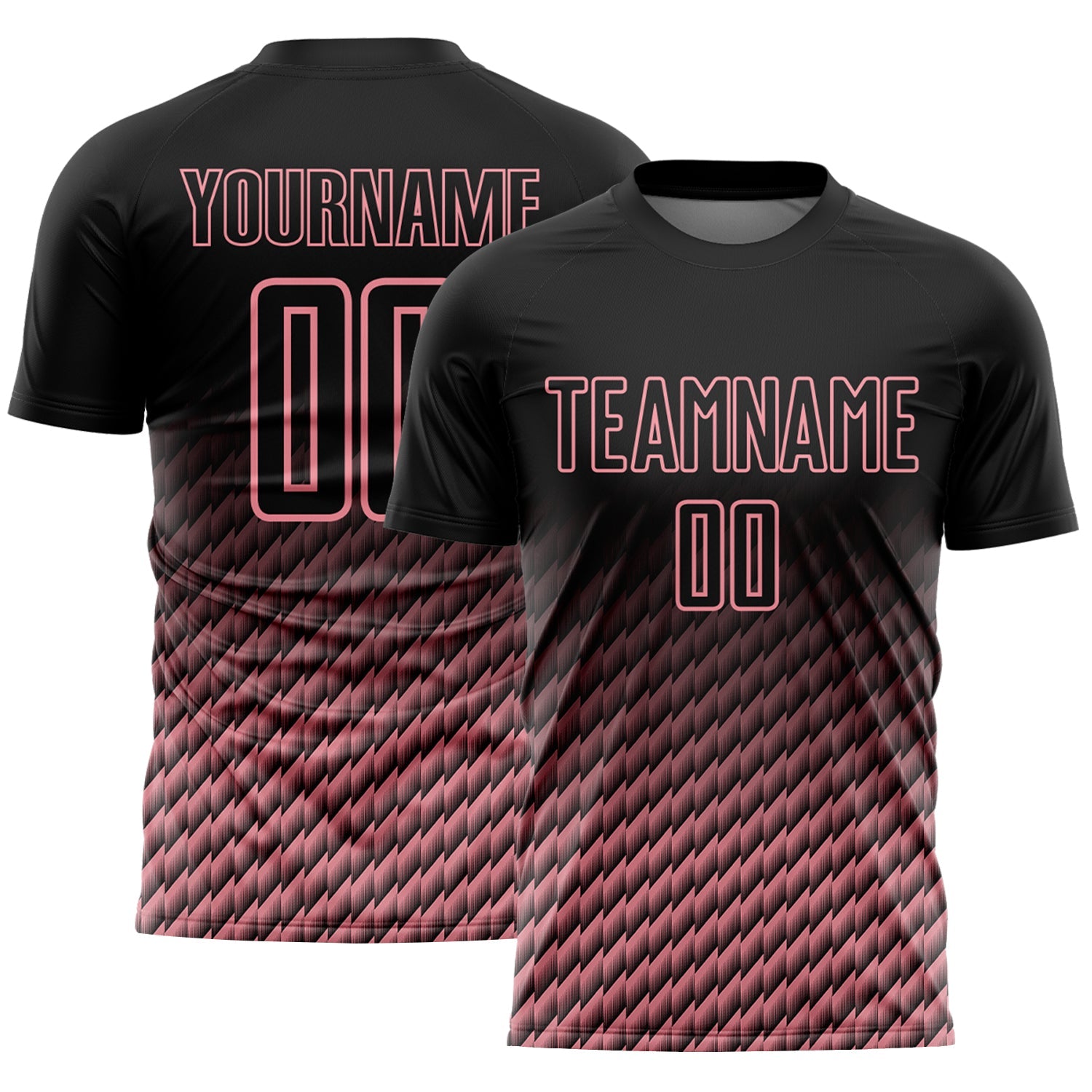 Custom Black-Medium Pink Geometric Wave Gradient Sublimation Soccer Uniform Jersey - Main View