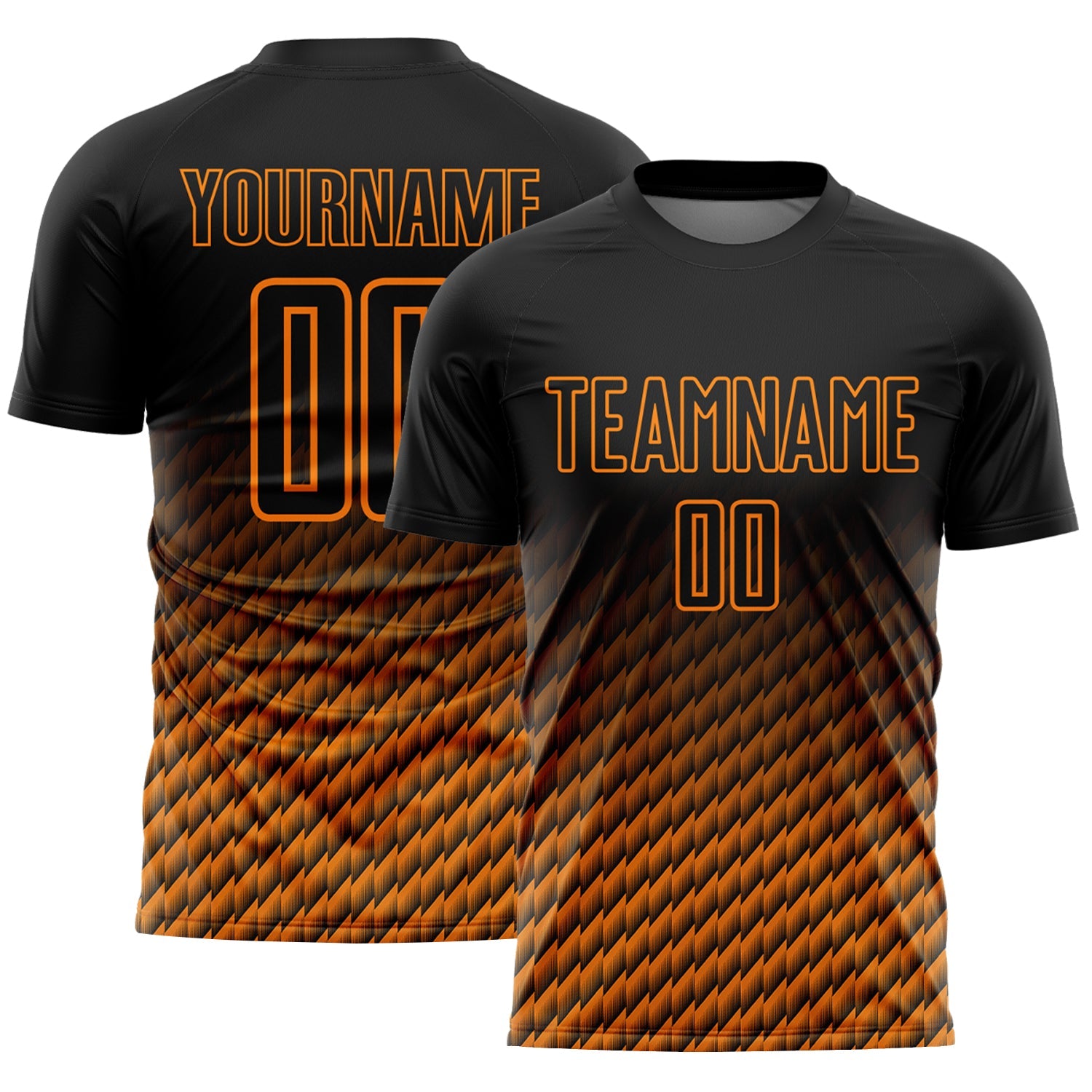 Custom Black-Bay Orange Geometric Wave Gradient Sublimation Soccer Uniform Jersey - Main View