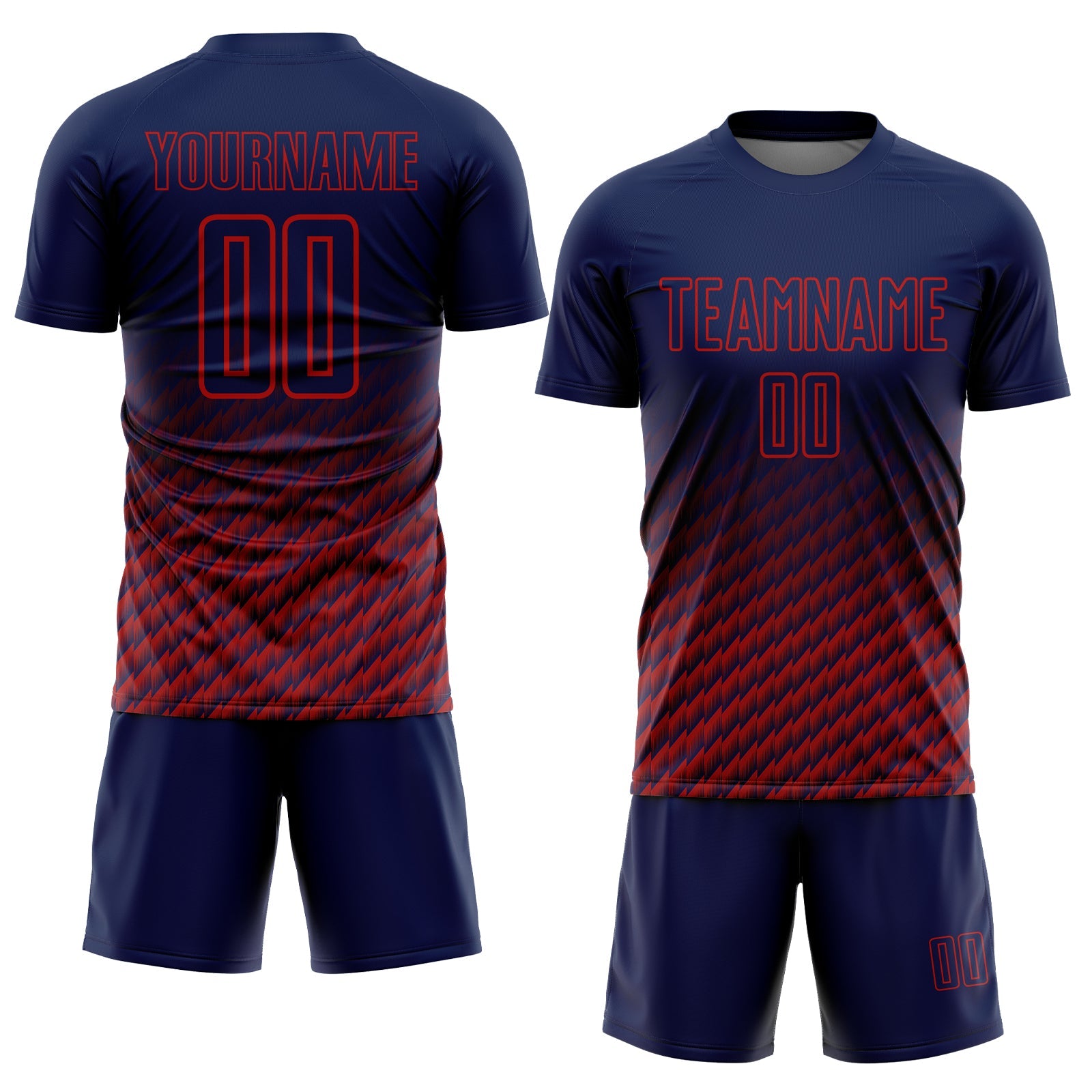 Custom Navy-Red Geometric Wave Gradient Sublimation Soccer Uniform Jersey view 2