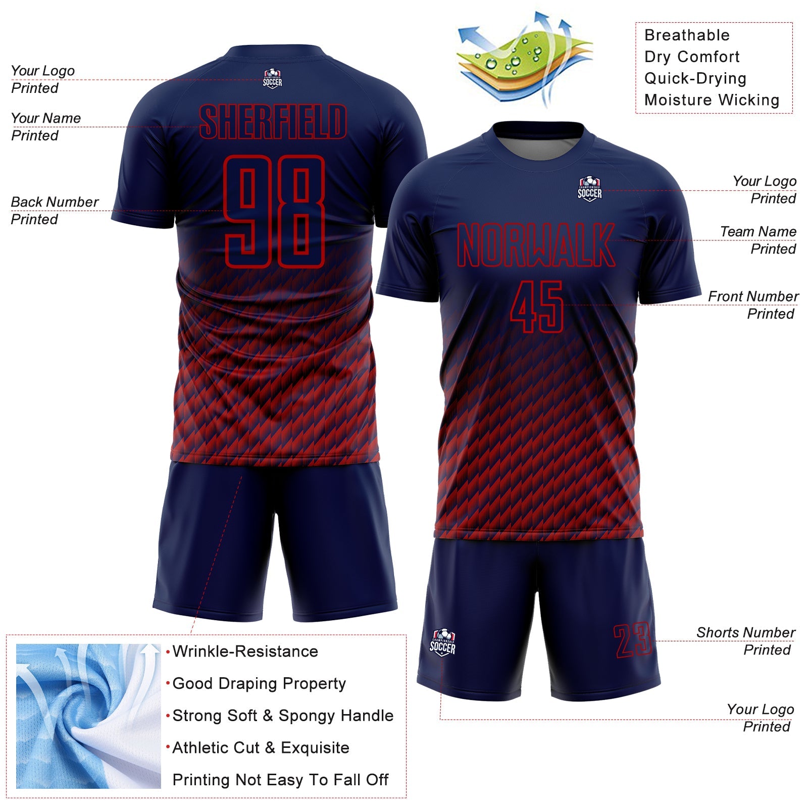 Custom Navy-Red Geometric Wave Gradient Sublimation Soccer Uniform Jersey view 4