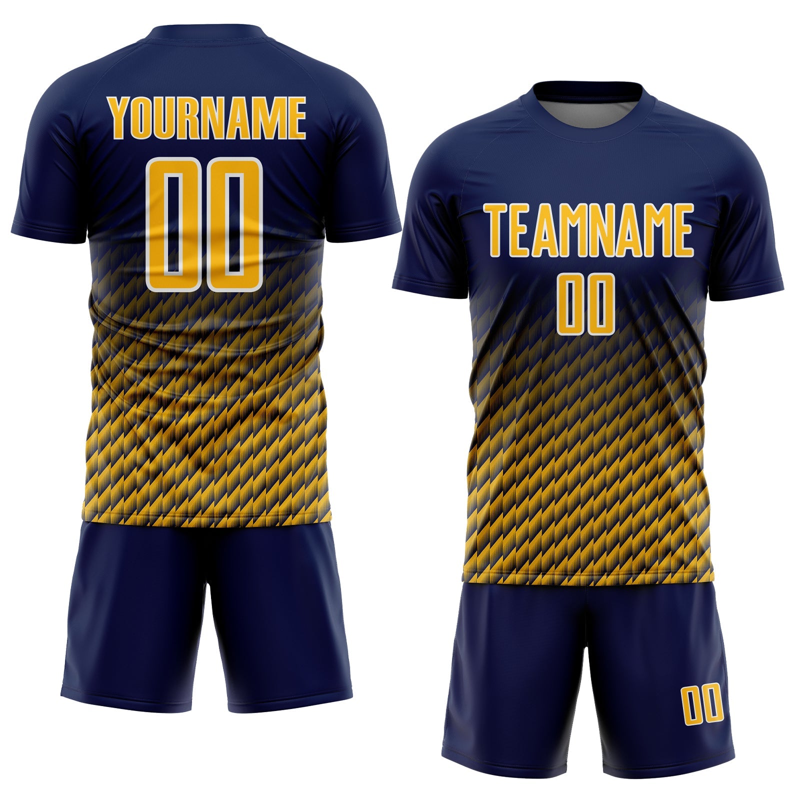 Custom Navy Gold-White Geometric Wave Gradient Sublimation Soccer Uniform Jersey view 2