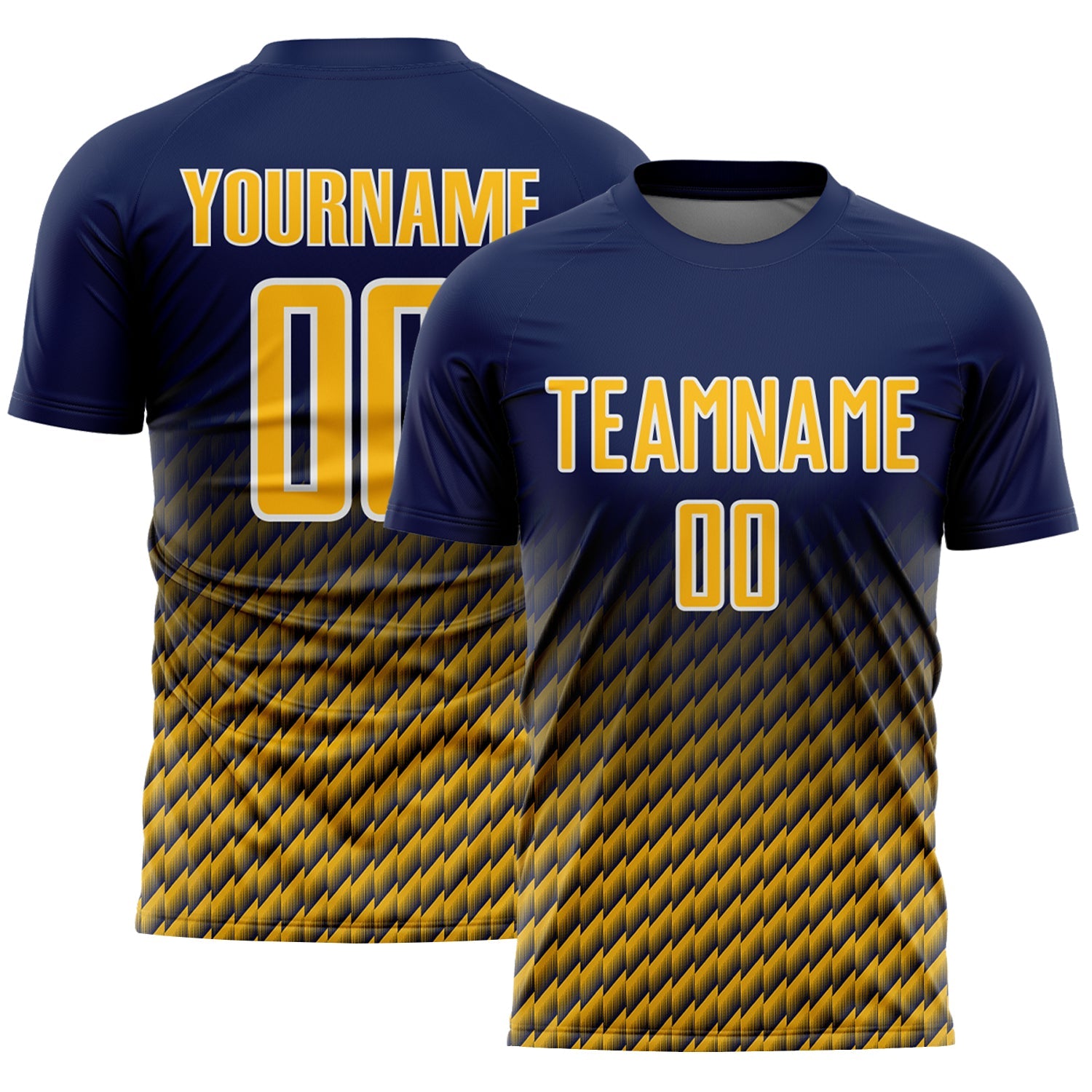 Custom Navy Gold-White Geometric Wave Gradient Sublimation Soccer Uniform Jersey - Main View